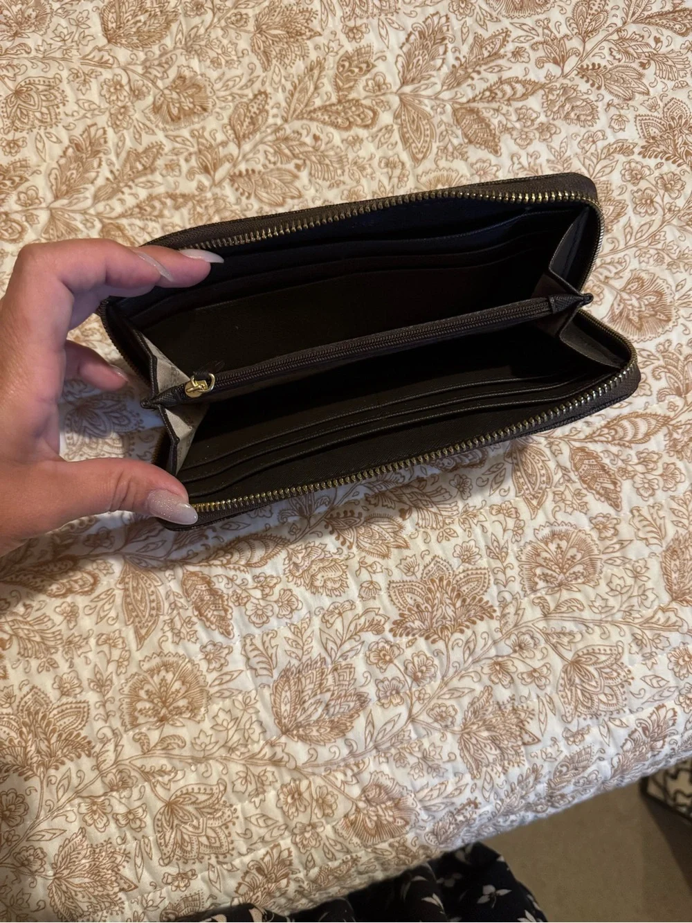 Michael Kors Dark Brown MK Signature Zip Wallet with Gold Plaque